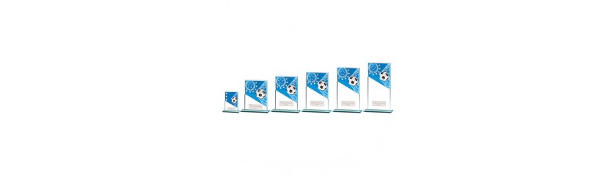 MUSTANG BLUE/SILVER FOOTBALL GLASS TROPHY -  6 SIZES - 8CM - 18CM